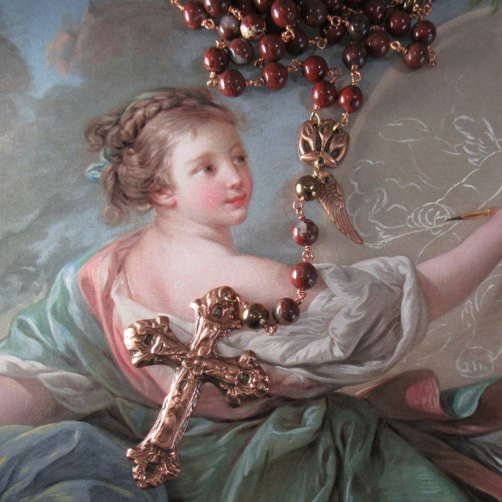 Red Jasper Rosary, Solid Copper Cross and Lily Centerpiece